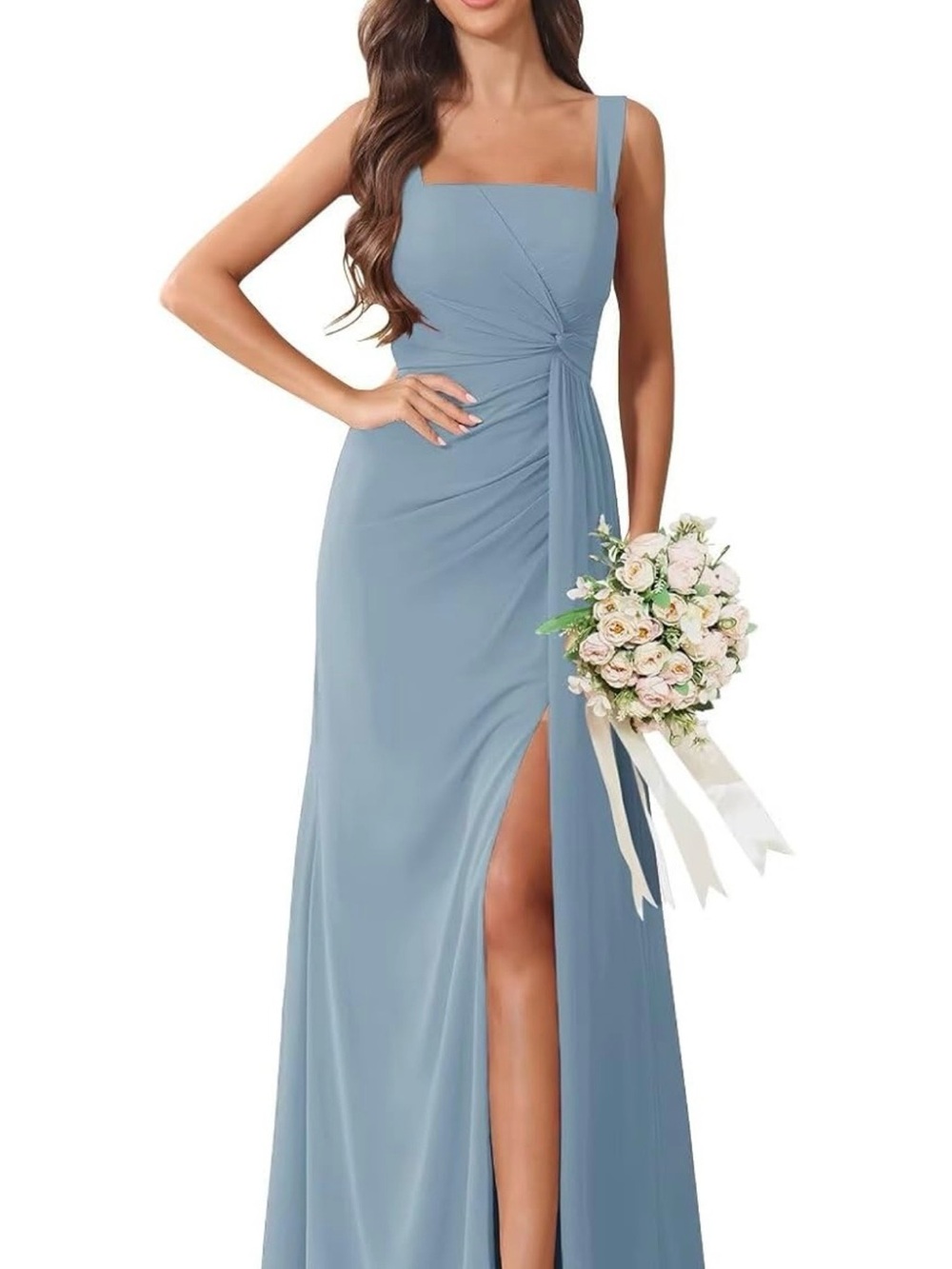 Dusty Blue Square-Neck Bridesmaid Dress with Side Slit